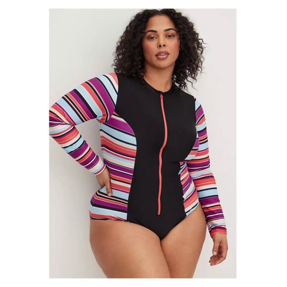 Torrid Stripe Zip Front Rashguard One Piece Swimsuit Sz.3 NWT - Picture 1 of 14